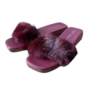 Burgundy Wine Rabbit Fur Wood Clog Slide Sandal, Size 38EU, Y2K